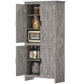 HOMCOM 64" 4-Door Kitchen Pantry, Freestanding Storage Cabinet with 3 Adjustable Shelves for Kitchen, Gray Oak