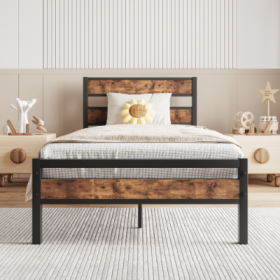 Twin Size Platform Bed Frame With Rustic Vintage Wood Headboard, Strong Metal Slats Support, No Box Spring Needed (Color: Black)