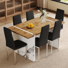 Table And Chair Set.Natural Wood Grain MDF Dining Table  55x31.5 Inch.Paired With 6 Modern Style Dining Chairs In Light Gray, Essential For Minim (Option: BlackSilver)