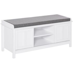 Entryway Shoe Storage Bench Ottoman Adjustable Shelf Padded Cushion Sliding Barn Door White For Hallway Living Room (Color: White)