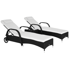 3 Piece Wicker Lounge Chair Set Outdoor Loungers With Armrests Cushion  Headrest  Side Table  Wheel  Black (Color: Black)
