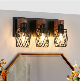 18 Industrial Vintage 3-Light Wall Sconce - Black Cage Wall Lighting Fixture With Wooden Accents For Bathroom, Hallway, Or Living Room Bulb Not I (Option: Walnut and black)