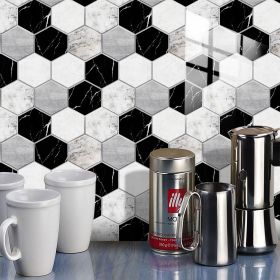 12 Pcs Black And White Marble Wall Stickers Mosaic Hexagon Peel And Stick Backsplash PVC Glossy Self Adhesive Back Splash Honeycomb Stick On Wall (PCS: 48MZ-5-143)